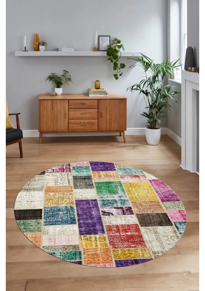 Dijital Kaymaz Yıkanabilir Patchwork Yuvarlak Balkon Mutfak Salon Halısı, N-Y-Patchwork-03-Renkli, modelleri
