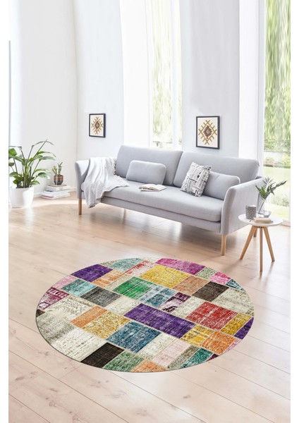 Dijital Kaymaz Yıkanabilir Patchwork Yuvarlak Balkon Mutfak Salon Halısı, N-Y-Patchwork-03-Renkli, fırsatları
