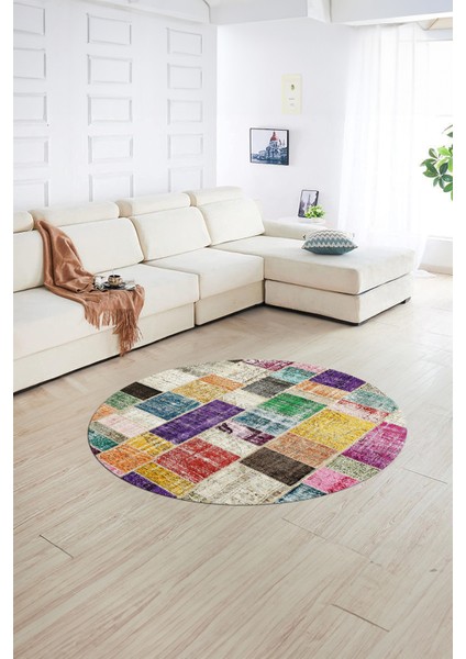 Dijital Kaymaz Yıkanabilir Patchwork Yuvarlak Balkon Mutfak Salon Halısı, N-Y-Patchwork-03-Renkli, indirimleri