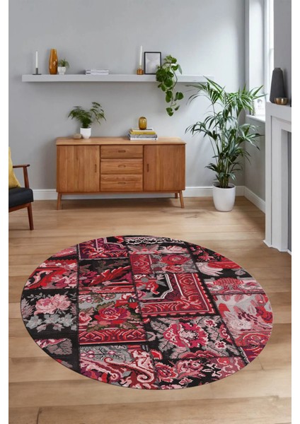 Dijital Kaymaz Yıkanabilir Patchwork Yuvarlak Balkon Mutfak Salon Halısı, N-Y-Patchwork-12-Kırmızı, modelleri