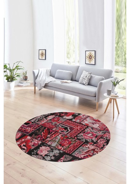 Dijital Kaymaz Yıkanabilir Patchwork Yuvarlak Balkon Mutfak Salon Halısı, N-Y-Patchwork-12-Kırmızı, fırsatları