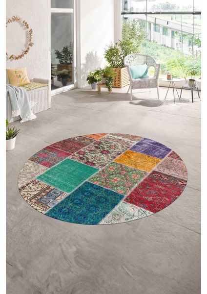 Dijital Kaymaz Yıkanabilir Patchwork Yuvarlak Balkon Mutfak Salon Halısı, N-Y-Patchwork-01-Renkli,