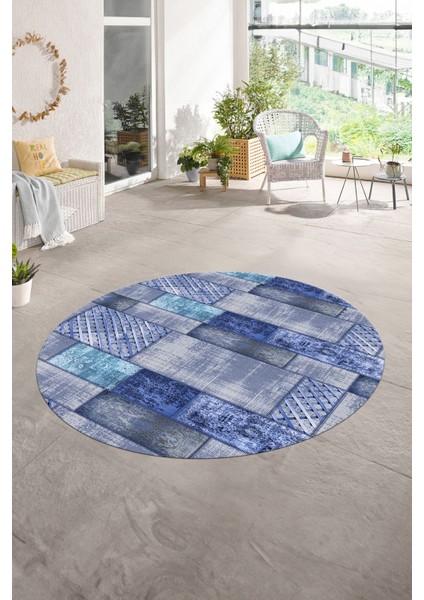 Dijital Kaymaz Yıkanabilir Patchwork Yuvarlak Balkon Mutfak Salon Halısı, N-Y-Patchwork-18-Mavi,