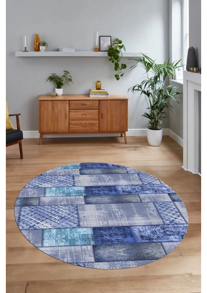 Dijital Kaymaz Yıkanabilir Patchwork Yuvarlak Balkon Mutfak Salon Halısı, N-Y-Patchwork-18-Mavi, modelleri