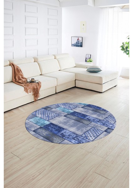 Dijital Kaymaz Yıkanabilir Patchwork Yuvarlak Balkon Mutfak Salon Halısı, N-Y-Patchwork-18-Mavi, indirimleri