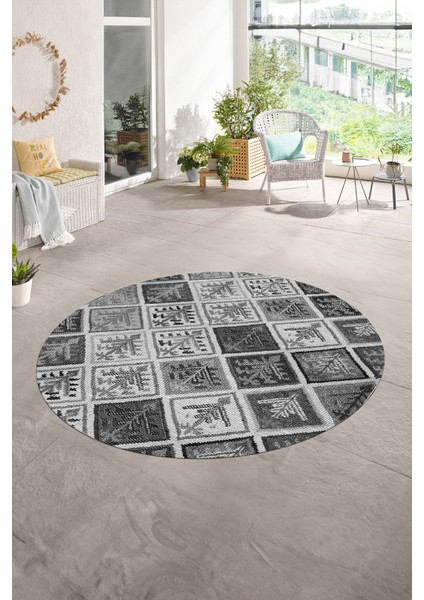 Dijital Kaymaz Yıkanabilir Patchwork Yuvarlak Balkon Mutfak Salon Halısı, N-Y-Patchwork-08-Gri,