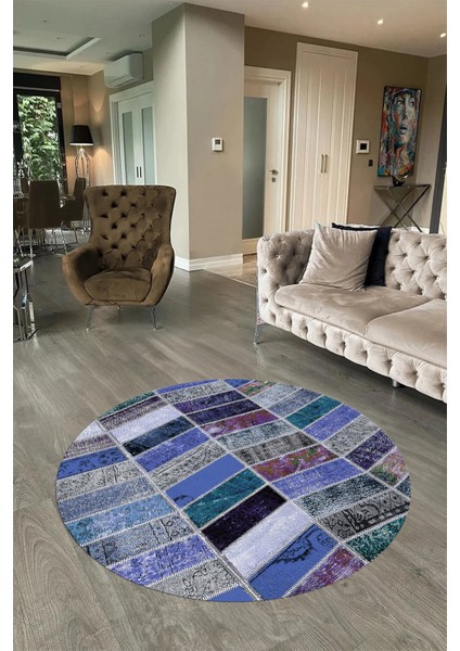 Dijital Kaymaz Yıkanabilir Patchwork Yuvarlak Balkon Mutfak Salon Halısı, N-Y-Patchwork-10-Mavi,