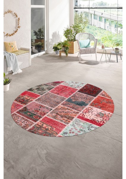 Dijital Kaymaz Yıkanabilir Patchwork Yuvarlak Balkon Mutfak Salon Halısı, N-Y-Patchwork-04-Kırmızı,