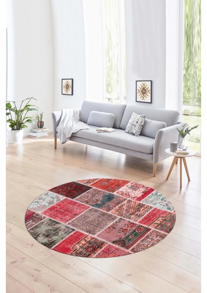 Dijital Kaymaz Yıkanabilir Patchwork Yuvarlak Balkon Mutfak Salon Halısı, N-Y-Patchwork-04-Kırmızı, fırsatları