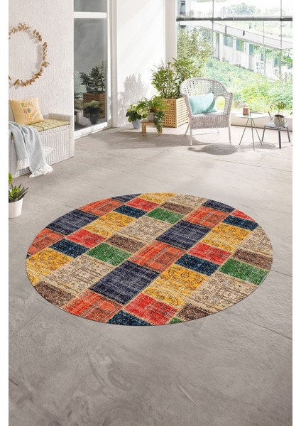 Dijital Kaymaz Yıkanabilir Patchwork Yuvarlak Balkon Mutfak Salon Halısı, N-Y-Patchwork-07-Renkli,