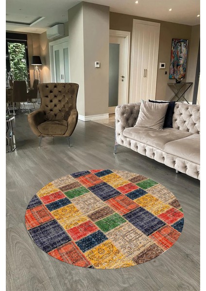 Dijital Kaymaz Yıkanabilir Patchwork Yuvarlak Balkon Mutfak Salon Halısı, N-Y-Patchwork-07-Renkli,