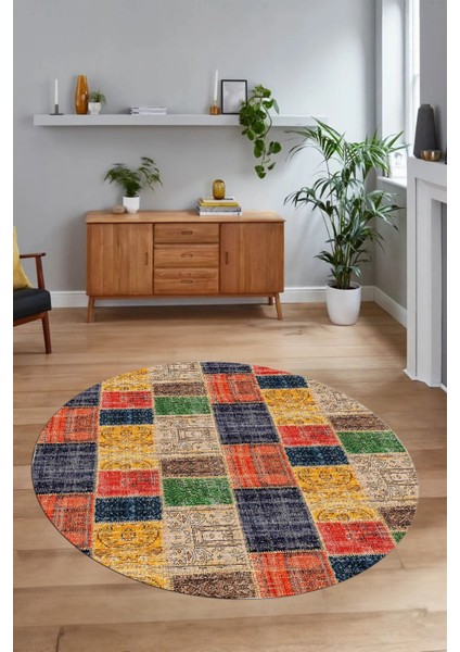 Dijital Kaymaz Yıkanabilir Patchwork Yuvarlak Balkon Mutfak Salon Halısı, N-Y-Patchwork-07-Renkli,
