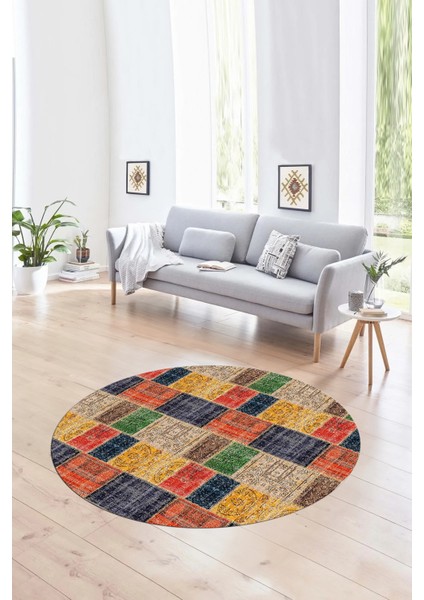 Dijital Kaymaz Yıkanabilir Patchwork Yuvarlak Balkon Mutfak Salon Halısı, N-Y-Patchwork-07-Renkli,