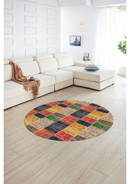 Dijital Kaymaz Yıkanabilir Patchwork Yuvarlak Balkon Mutfak Salon Halısı, N-Y-Patchwork-07-Renkli,