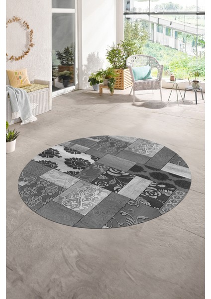 Dijital Kaymaz Yıkanabilir Patchwork Yuvarlak Balkon Mutfak Salon Halısı, N-Y-Patchwork-16-Gri,