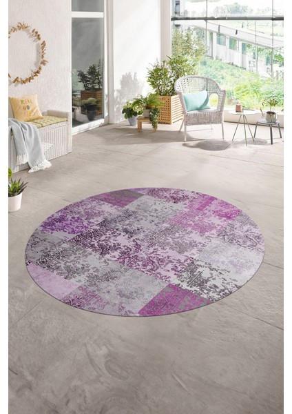 Dijital Kaymaz Yıkanabilir Patchwork Yuvarlak Balkon Mutfak Salon Halısı, N-Y-Patchwork-17-Pembe,