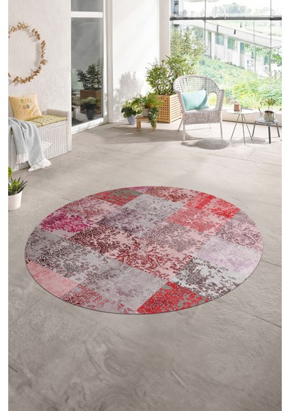 Dijital Kaymaz Yıkanabilir Patchwork Yuvarlak Balkon Mutfak Salon Halısı, N-Y-Patchwork-17-Kırmızı,
