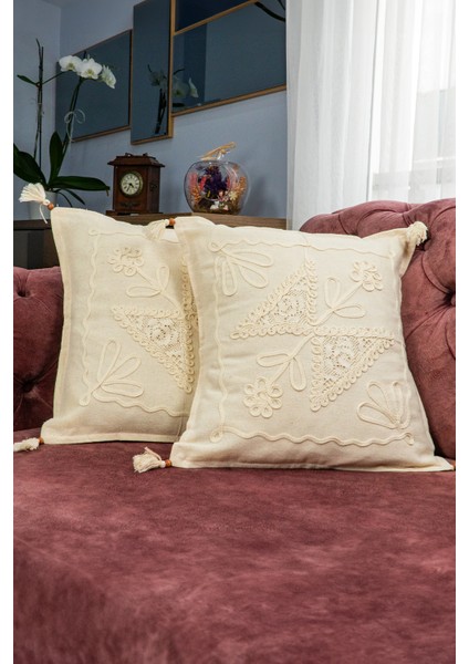 Laseli Boncuk Dantel Çiçekli 2 Li Kırlent Kılıfı %100 Pamuk 40 x 40 cm