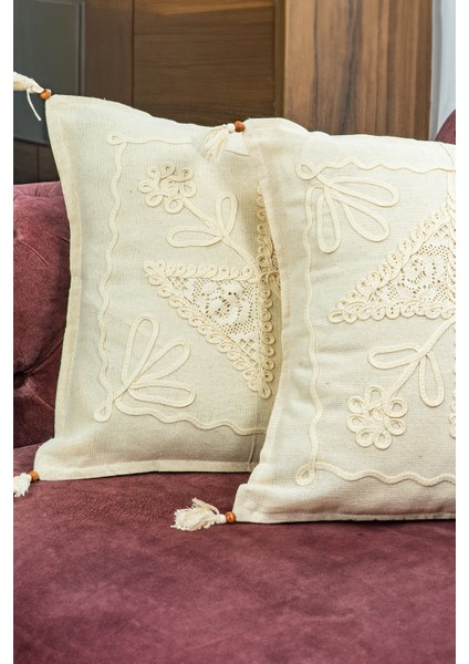 Laseli Boncuk Dantel Çiçekli 2 Li Kırlent Kılıfı %100 Pamuk 40 x 40 cm