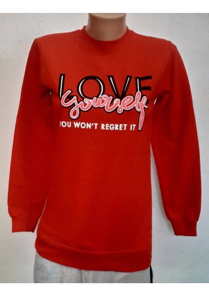 Kırmızı Baskılı Kolları, Beli ve Boynu Lastikli Sweatshirt