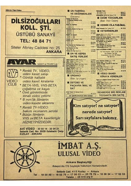 Ankara 1986 Meslek Reklam Ilanı Efemera S465 fiyatları