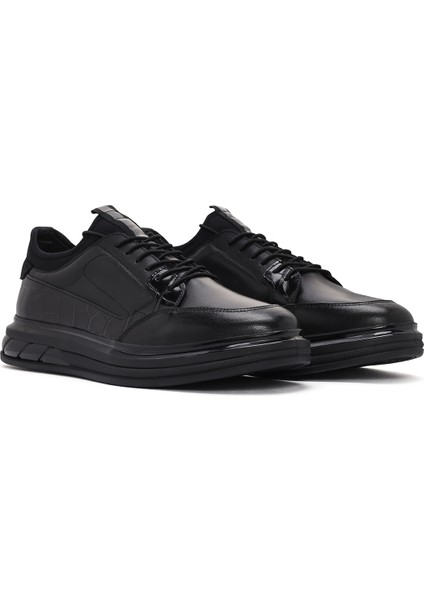 Erkek Siyah Bağcıklı Deri Casual Sneaker 24SFD636018