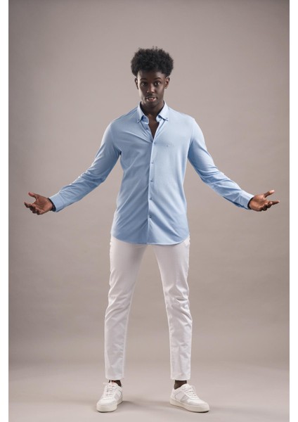 Regular Fit Yaka Düğmeli Pamuklu Likralı Gömlek