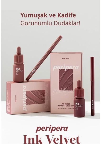 Kadife Görünümlü Tint ve Dudak Kalemi Peripera Ink Velvet + Lip Liner Set (001 Rosy Nude)