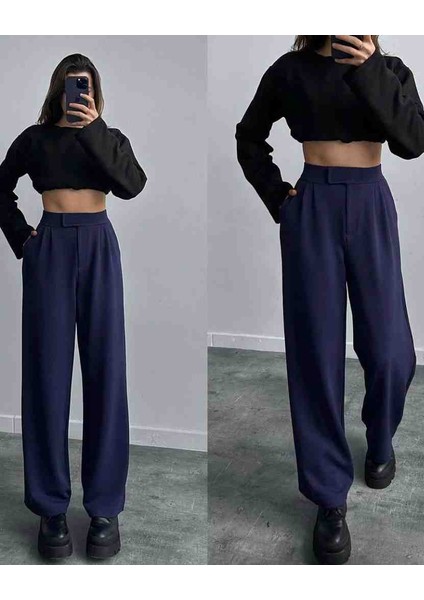 Cırtcırtlı Lacivert Palazzo Pantolon