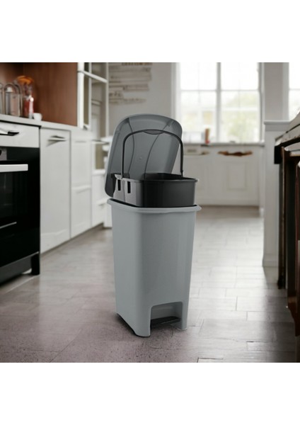 Pedallı Çöp Kovası 12,5 Litre Iç Kovalı Gri Çöp Kovası Slim Pedallı Çöp Kovası 12,5 Litre 40 cm