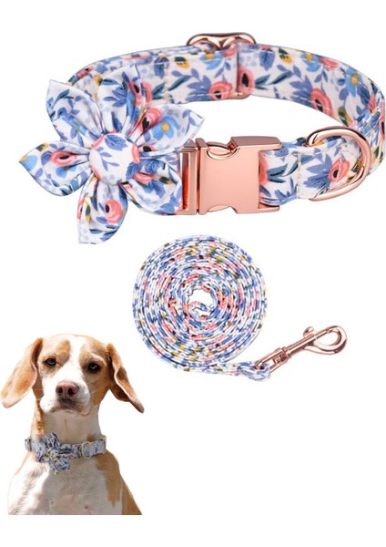 ‘’ Flower ‘’ 2 Parça Çiçek Tasarımlı Köpek Tasması ve Kayışı - Gezdirme Seti