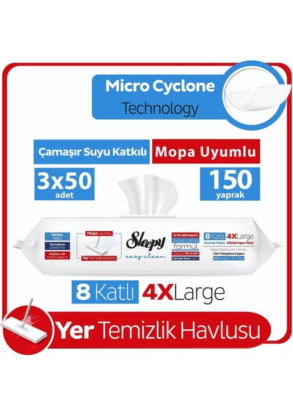 Easy Clean Çamaşır Suyu Katkılı Mopa Uyumlu Yer Temizlik Havlusu 3X50 (150 Yaprak)