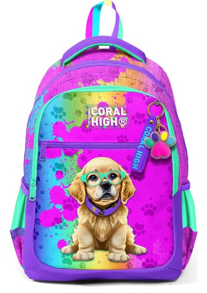 Yaygan Coral High Kids Mor Pembe Köpek Desenli Üç Bölmeli Okul Sırt Çantası 23649