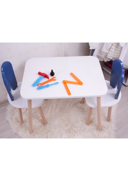 Montessori Çocuk Çalışma Masası Takımı: 1 Beyaz Masa & 2 Mavi Bunny Sandalye