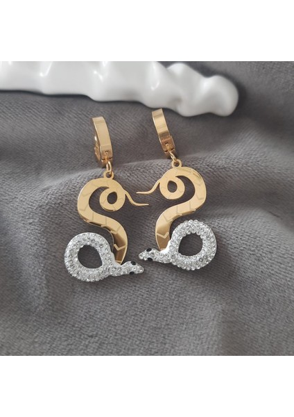 Çelik Gold Renk Taşlı Yılan Kadın Küpe