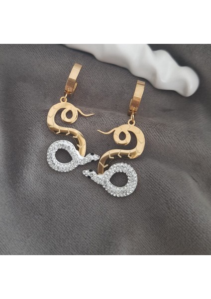 Çelik Gold Renk Taşlı Yılan Kadın Küpe modelleri