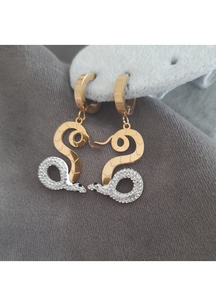 Çelik Gold Renk Taşlı Yılan Kadın Küpe fırsatları