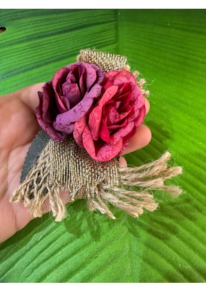 8x5 cm Pembe Çift Güllü Iğneli Broş Yaka Iğnesi