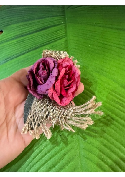 8x5 cm Pembe Çift Güllü Iğneli Broş Yaka Iğnesi