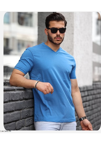 Mens Style Pamuklu V Yaka Tişört