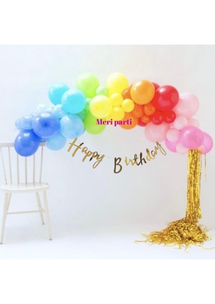Doğum Günü Set Balon Zinciri Happy Bırthday Banner Metalize Gold Püskül