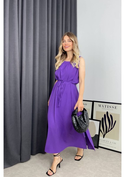 Mor Bisiklet Yaka Sıfır Kol Yırtmaçlı Elbise