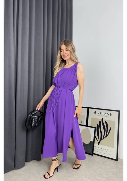 Mor Bisiklet Yaka Sıfır Kol Yırtmaçlı Elbise fiyatları