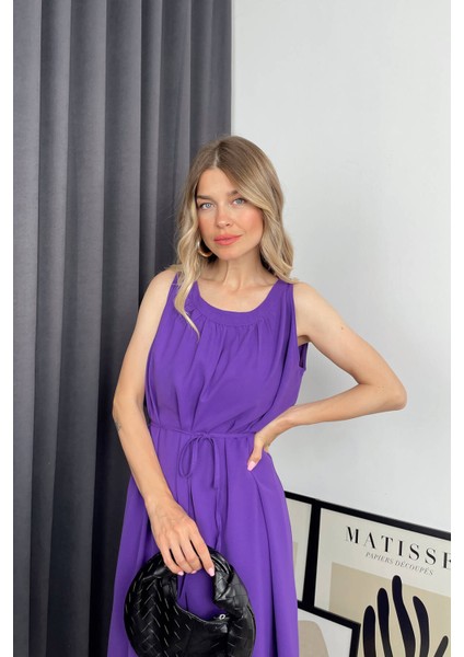 Mor Bisiklet Yaka Sıfır Kol Yırtmaçlı Elbise modelleri