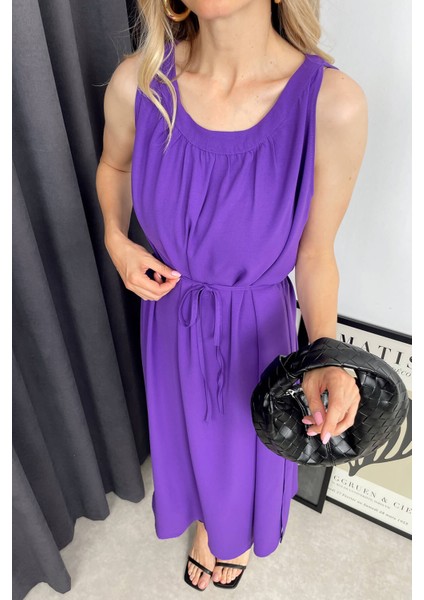 Mor Bisiklet Yaka Sıfır Kol Yırtmaçlı Elbise fırsatları