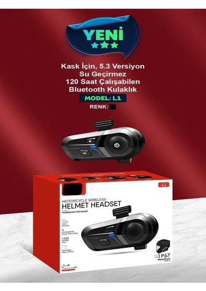 L01 IP67 Su Geçirmez 120 Saat Kullanım 5.3 Bluetooth Motosiklet Kulaklığı Interkom