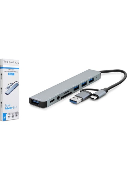 HDX7828 Usb-C+Usb3.0 Hub Combo 3port Usb+1port Usbb3.0+1port Usb-C+Sd/tf Card Reader 8ın1 Füme
