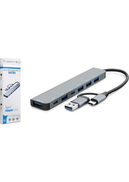 HDX7827 Usb-C+Usb3.0 Hub 4port Usb2.0+1 Usb3.0+2 Port Usb-C 7ın1 Füme