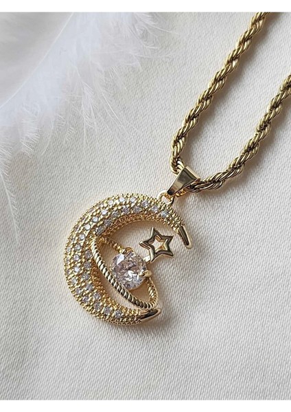 Kararmaz Paslanmaz Altın Kaplama Gold Renk Burgu Zincirli Büyük Hilal Yıldız Modeli Çelik Kolye