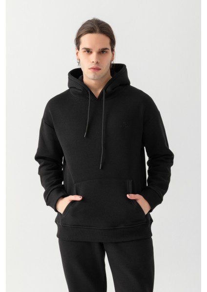 Peak Oversize Kapüşonlu Nakışlı Sweatshirt Siyah